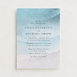 Invitación de boda de playa costera azul con acuar