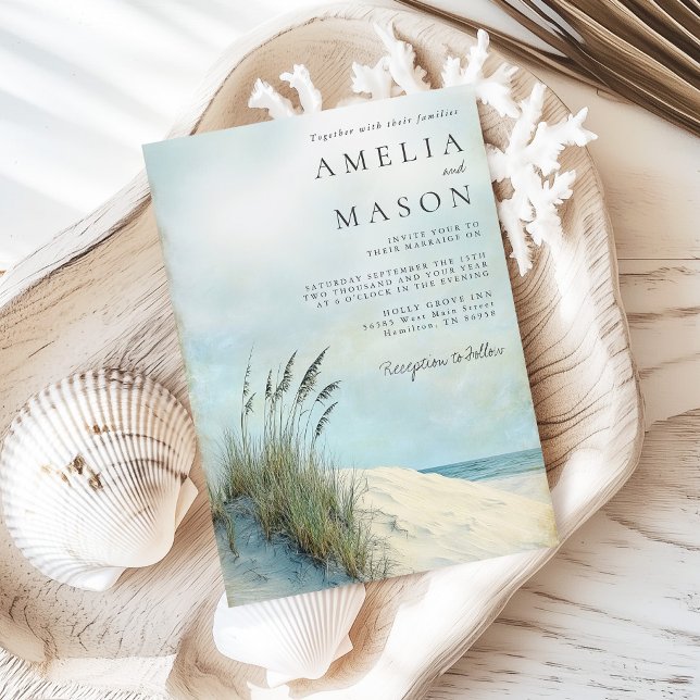 Invitación de boda de playa de hierba marina de du (Coastal Dune Sea Grass Beach Wedding Invitation)
