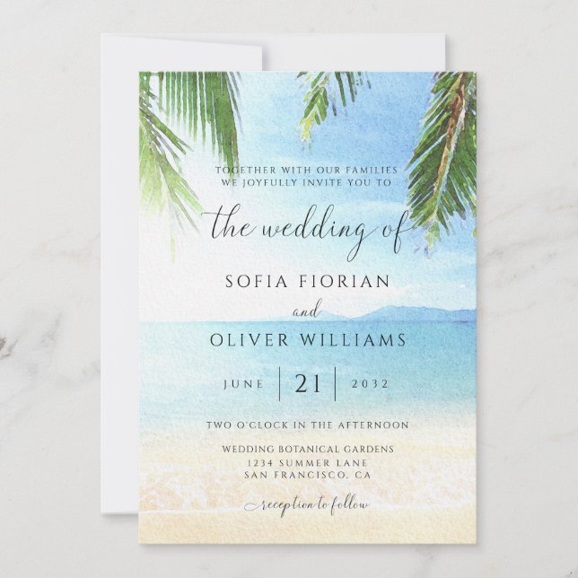 Invitación de boda de playa de isla tropical con p (Anverso)