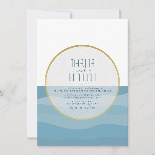Invitación de boda de playa en acuarela azul (Anverso)
