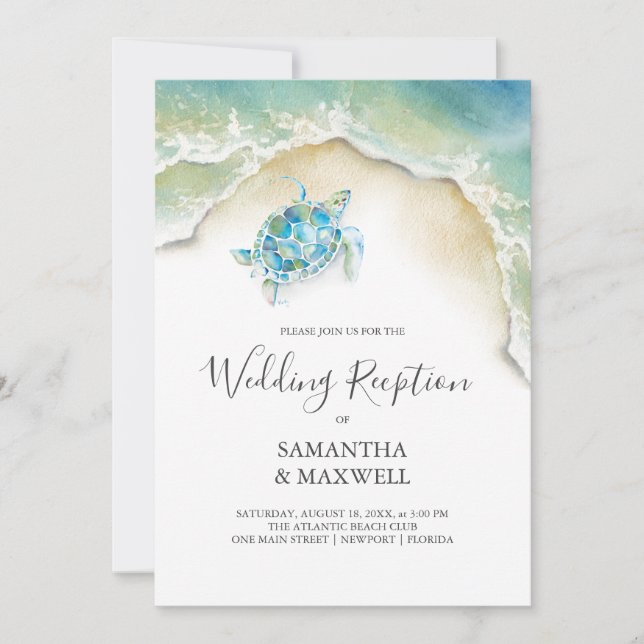 Invitación de boda de playa solo recepción Tortuga (Anverso)