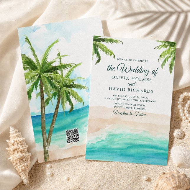 Invitación de boda de playa tropical con código QR (Watercolor Tropical Beach with QR Code Wedding Invitation)