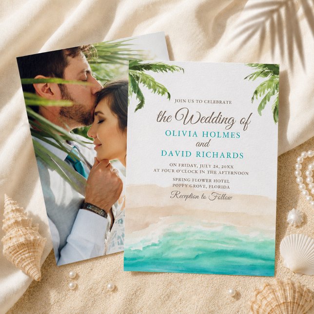 Invitación de boda de playa tropical con foto de p (Watercolor Tropical Beach Couple Photo Wedding Invitation)