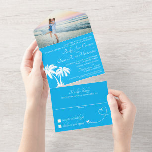 Invitación de boda de playa turquesa todo en uno