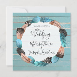 Invitación de Boda de Plumas de Madera Turquesa Rú