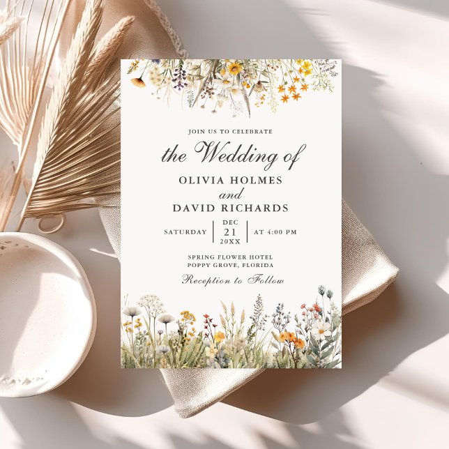 Invitación de Boda de Pradera de Flores Silvestres (Peach Watercolor Wildflower Meadow Wedding Invite on a table with neutral boho decoration.)