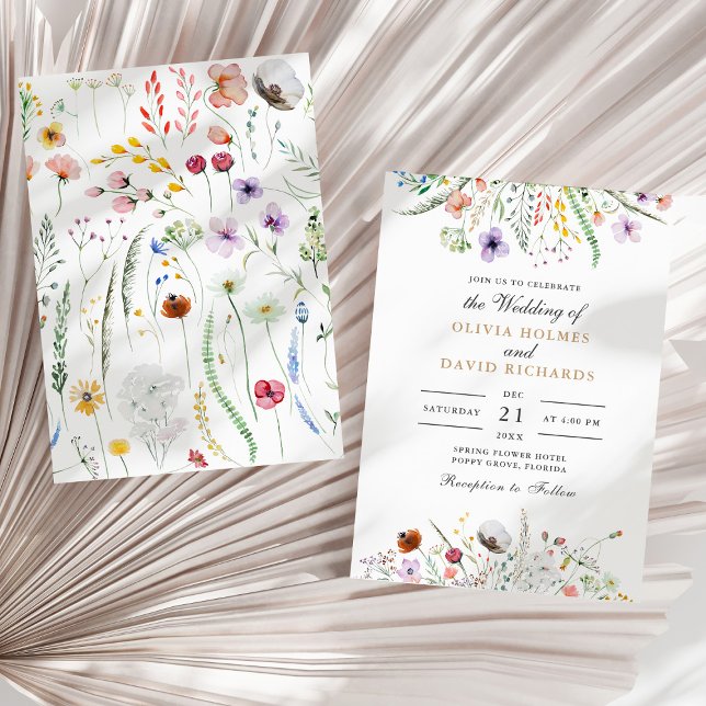 Invitación de boda de pradera de flores silvestres (Watercolor Wildflower Meadow Wedding Invitation on a sunny neutral dry palm leaf.)