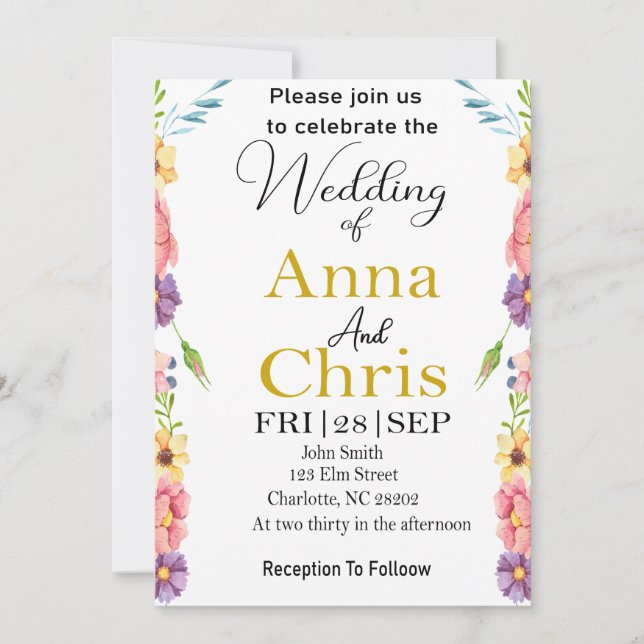 Invitación de boda de prado con acuarela romántica (Anverso)