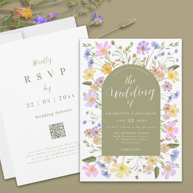 Invitación de Boda de Primavera con Arco de Flores (Boho wildflower sage green arch wedding invitation with qr code)