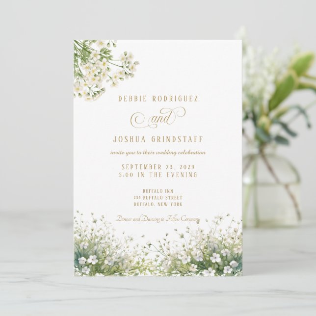 Invitación de boda de primavera con flores blancas (Anverso de pie)