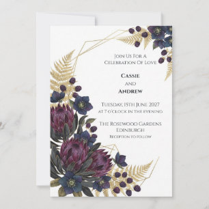 Invitación de boda de protea de Borgoña y mora