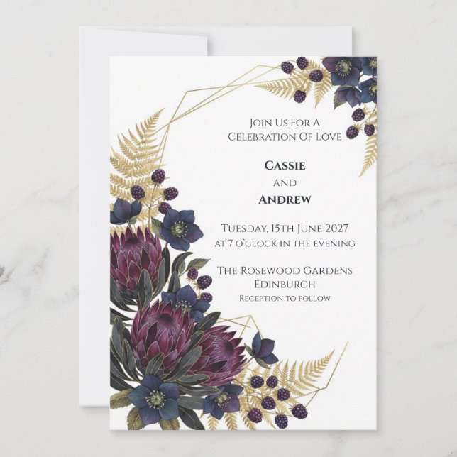Invitación de boda de protea de Borgoña y mora (Anverso)
