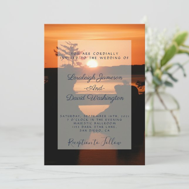 Invitación de boda de puesta de sol costera (Anverso de pie)