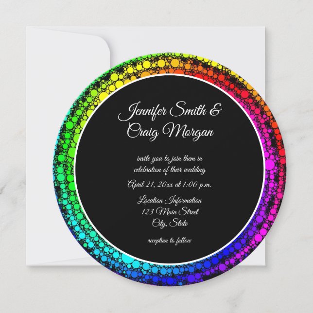 Invitación de boda de puntos de arcoíris en espira (Anverso)