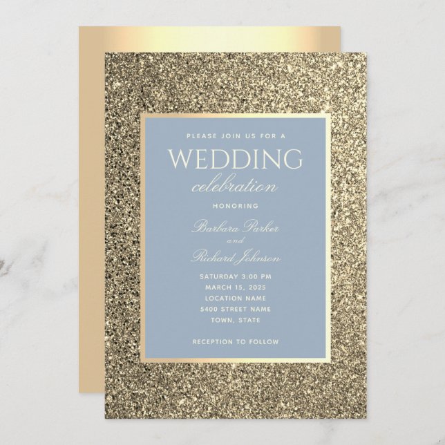 Invitación de boda de purpurina dorada y azul polv (Anverso / Reverso)