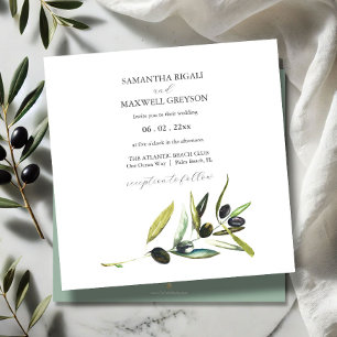 Invitación de boda de rama de olivo de acuarela bo