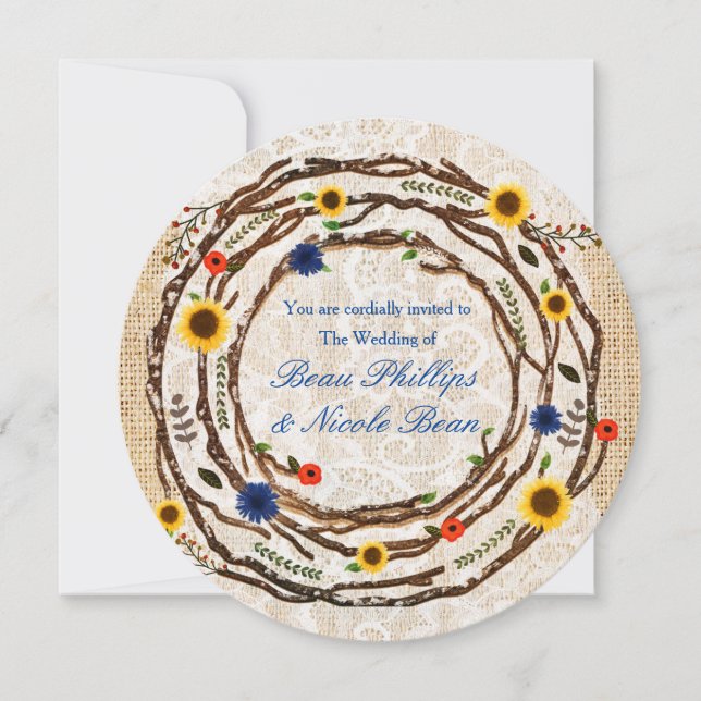 Invitación de boda de ramas florales con arpillera (Anverso)