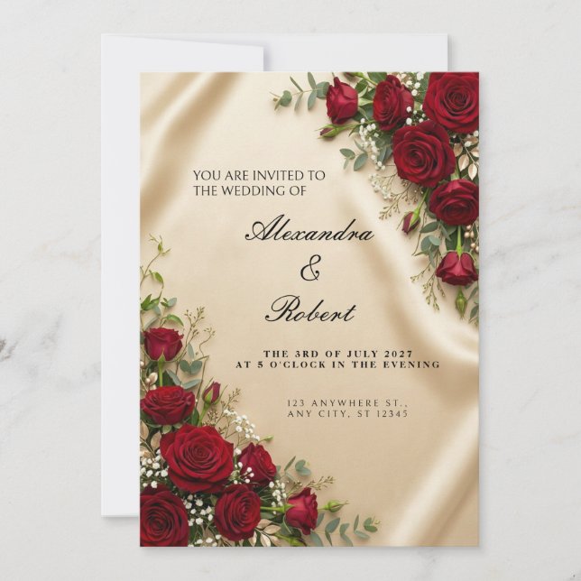 Invitación de boda de raso de champán con rosa roj (Anverso)