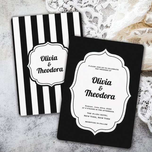 invitación de boda de raya moderna vintage (vintage modern elegant black and white stripe wedding invitation)