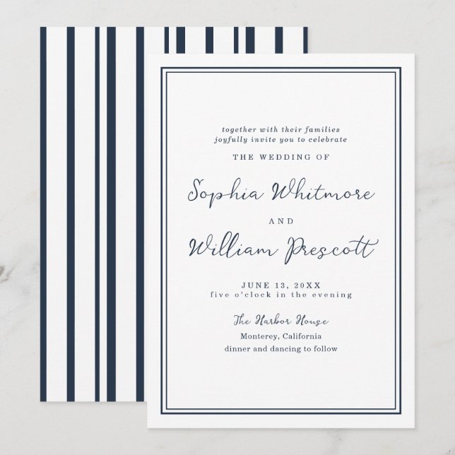 Invitación de boda de raya náutica de la marina (Anverso / Reverso)