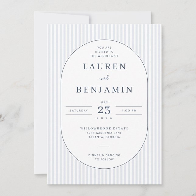 Invitación de boda de rayas azules elegantes (Anverso)