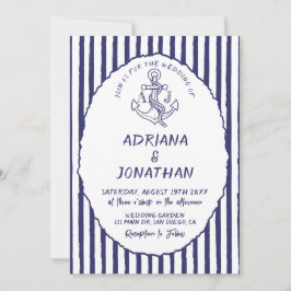 Invitación de boda de rayas blancas y azul náutico