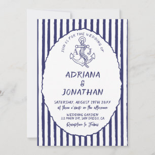 Invitación de boda de rayas blancas y azul náutico