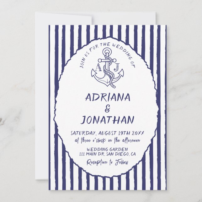 Invitación de boda de rayas blancas y azul náutico (Anverso)
