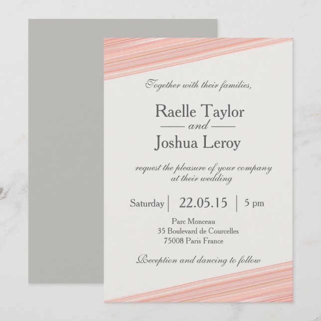 Invitación de boda de rayas de melocotón coral bla (Anverso / Reverso)