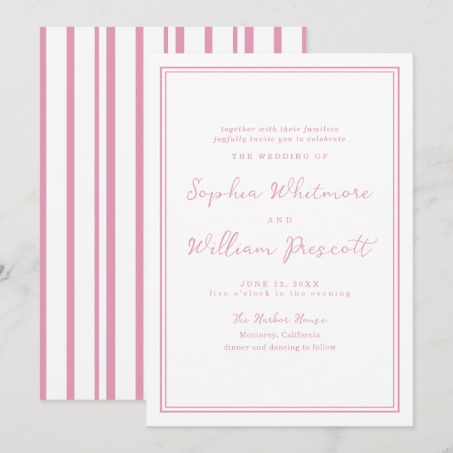 Invitación de boda de rayas rosadas de peonía eleg (Anverso / Reverso)