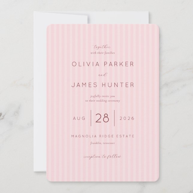 Invitación de boda de rayas rosadas románticas (Anverso)