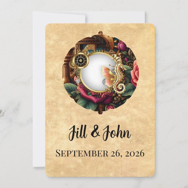 Invitación de boda de reloj Steampunk de Dark Acad (Anverso)