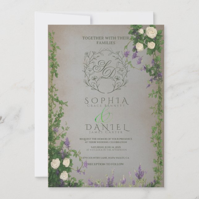 Invitación de boda de romance de jardín medieval (Anverso)