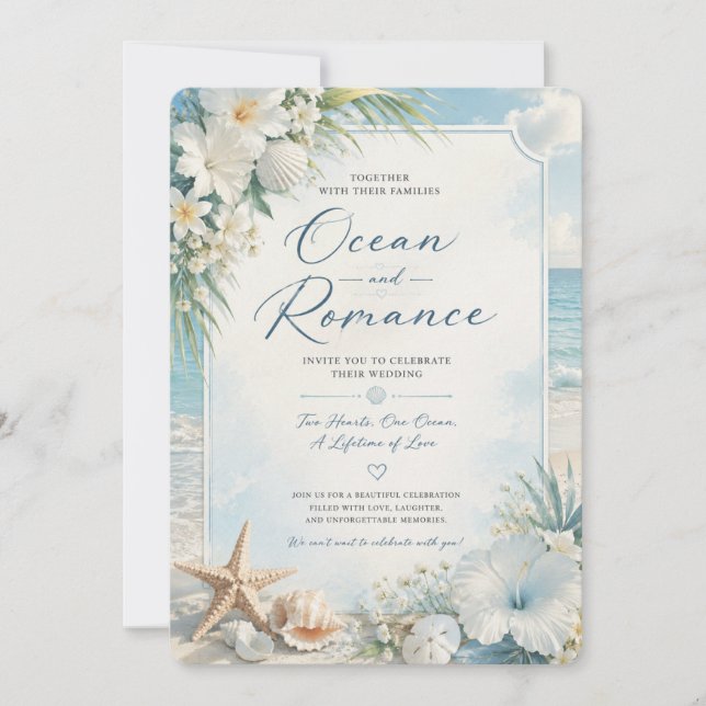 Invitación de Boda de Romance en la Playa del Océa (Anverso)