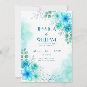 Invitación de boda de rosa acuarela turquesa verde