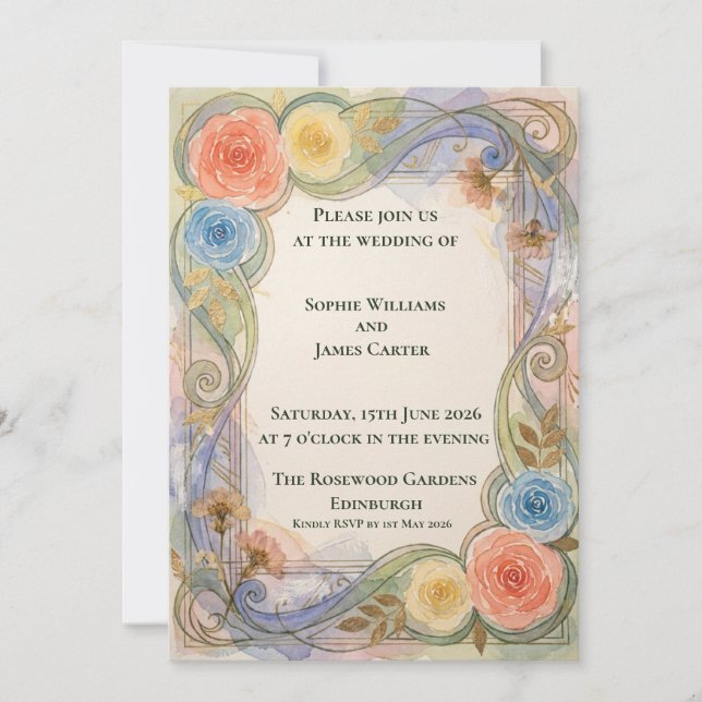Invitación de boda de rosa arcoíris pastel (Anverso)