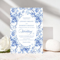 Invitación de boda de rosa azul de toile francés v