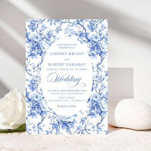 Invitación de boda de rosa azul de toile francés v