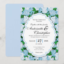 Invitación de boda de rosa azul y blanca con borde
