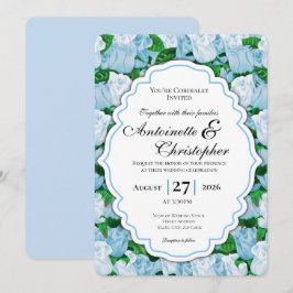 Invitación de boda de rosa azul y blanca con borde