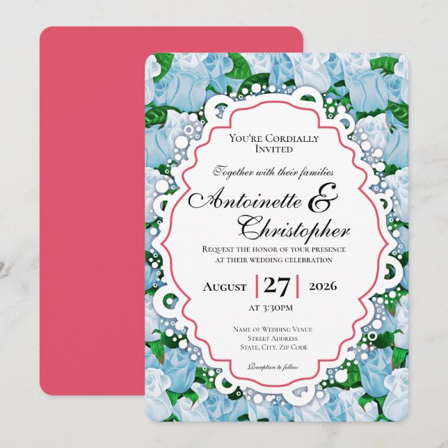 Invitación de boda de rosa azul y blanca con borde (Anverso / Reverso)