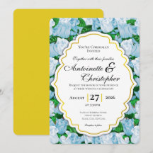 Invitación de boda de rosa azul y blanca con borde