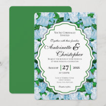 Invitación de boda de rosa azul y blanca con borde
