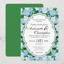 Invitación de boda de rosa azul y blanca con borde