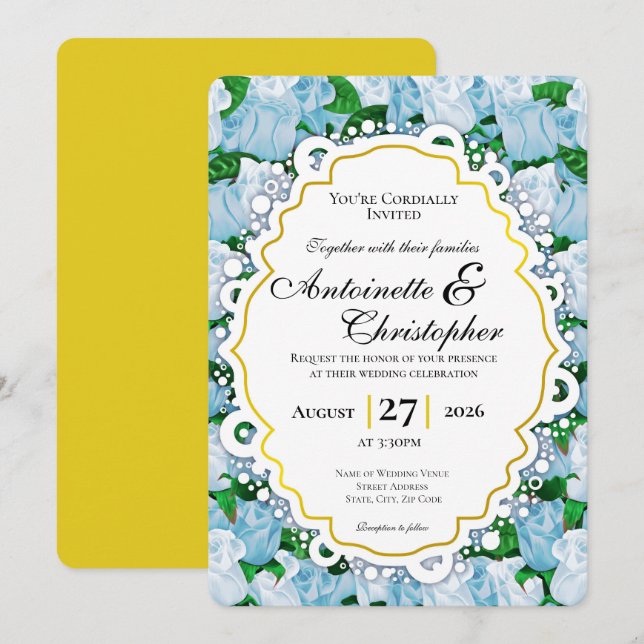Invitación de boda de rosa azul y blanca con borde (Anverso / Reverso)