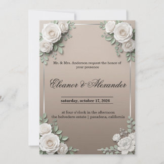 Invitación de boda de rosa blanca elegante con pla
