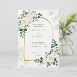 Invitación de boda de rosa blanca esmeralda eucali