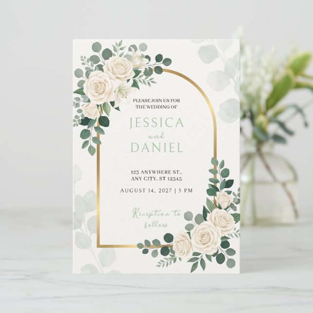 Invitación de boda de rosa blanca esmeralda eucali (Anverso de pie)