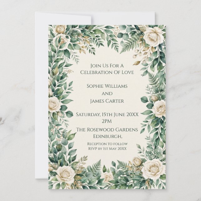 Invitación de boda de rosa blanca verde (Anverso)