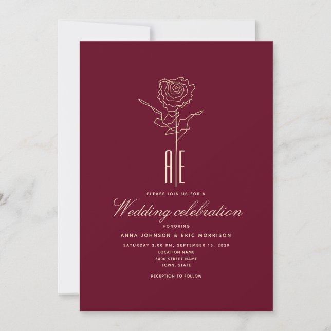 Invitación de boda de rosa borgoña romántica (Anverso)